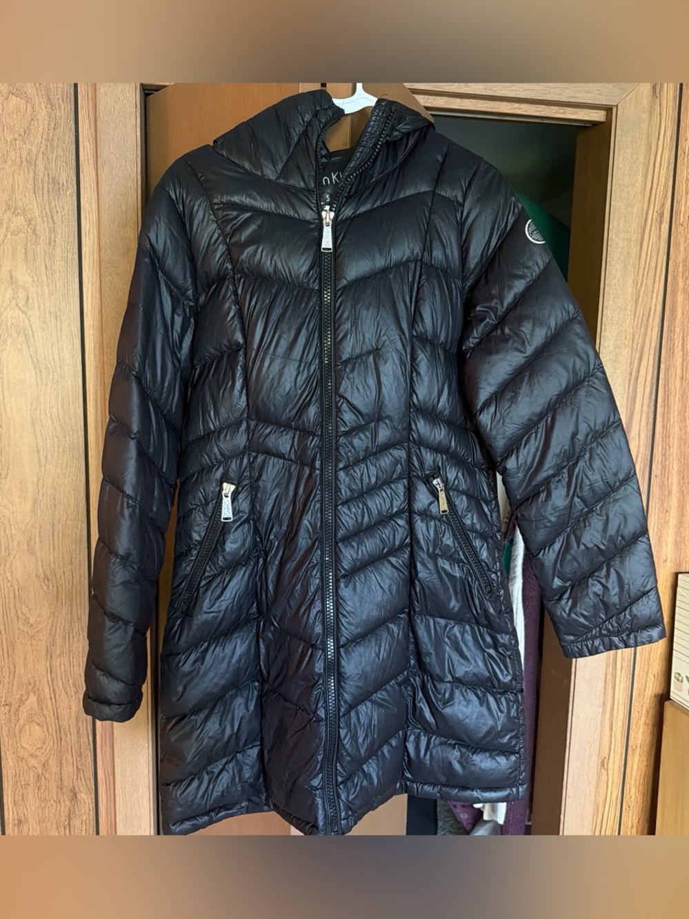 Calvin Klein Black Quilted Long Puffer Coat with Hood